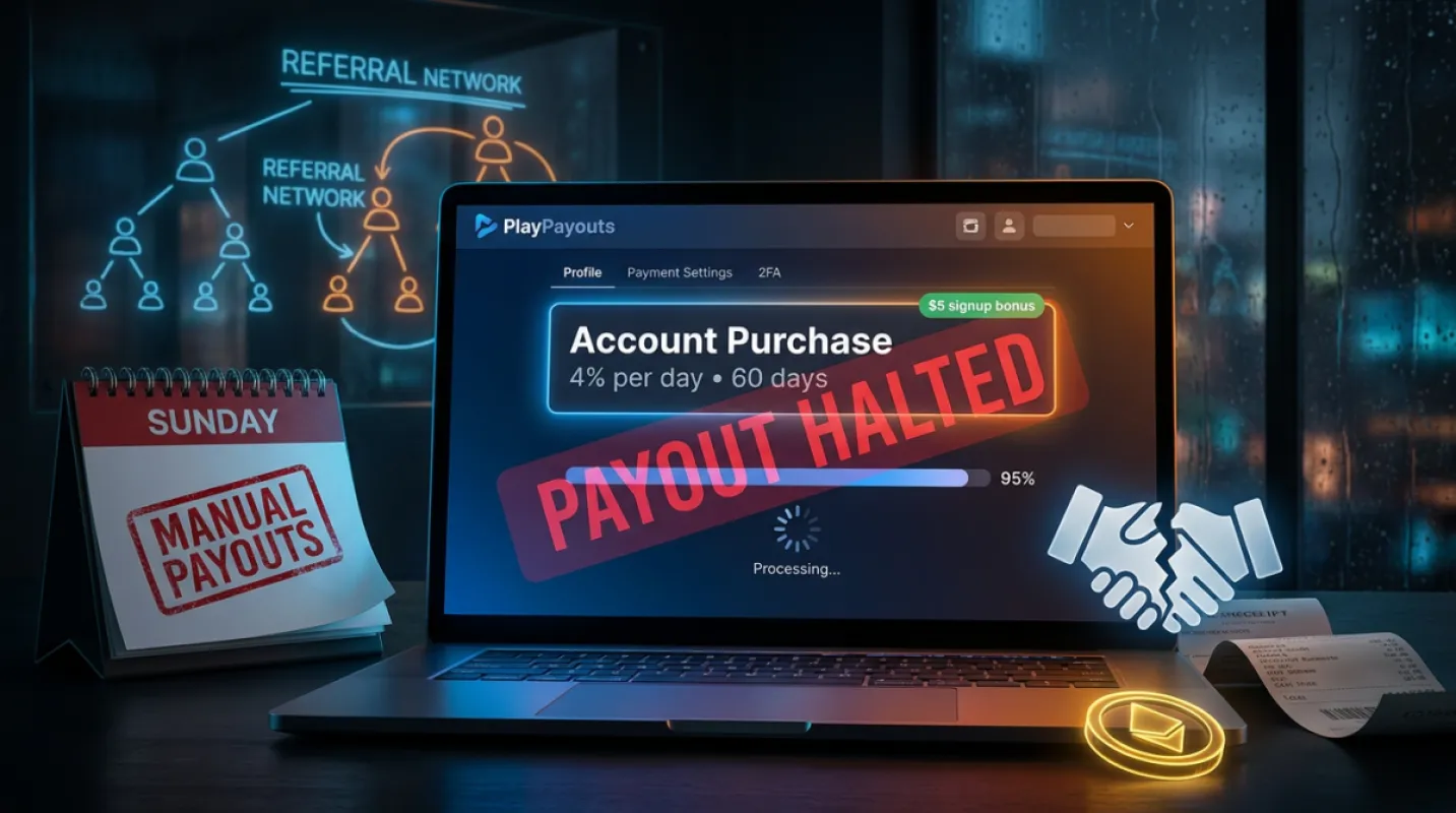 PlayPayouts (playpayouts.com) — review and cautious feedback: “account purchase” at 4% per day and payout halt