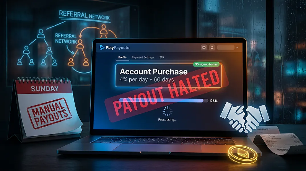 PlayPayouts (playpayouts.com) — review and cautious feedback: “account purchase” at 4% per day and payout halt